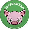 groene button met illustratie van een varken met de tekst feestvarken