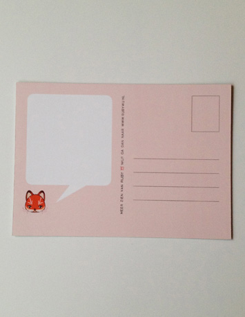 achterkant groene wenskaart met illustratie van een vos met de tekst hi there foxy lady