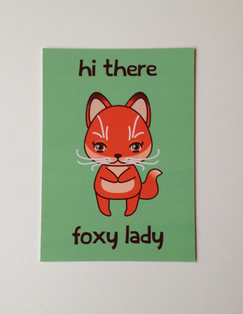 voorkant groene wenskaart met illustratie van een vos met de tekst hi there foxy lady