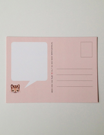 achterkant rode wenskaart met illustratie van een poes met de tekst hi there pussycat