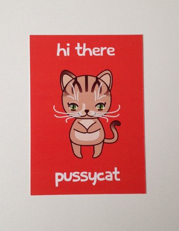 voorkant rode wenskaart met illustratie van een poes met de tekst hi there pussycat