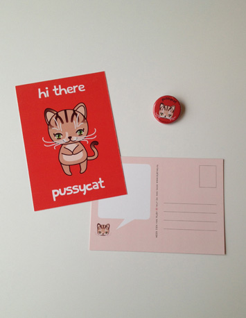 rode wenskaart met illustratie van een poes met de tekst hi there pussycat