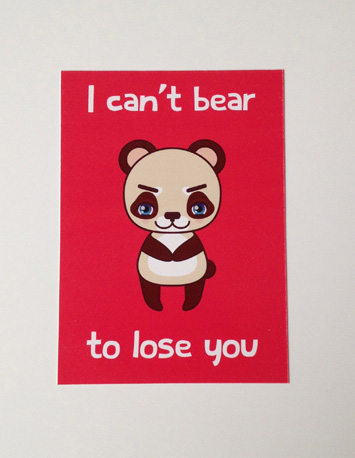 voorkant rode wenskaart met illustratie van een pandabeer met de tekst i can't bear to lose you