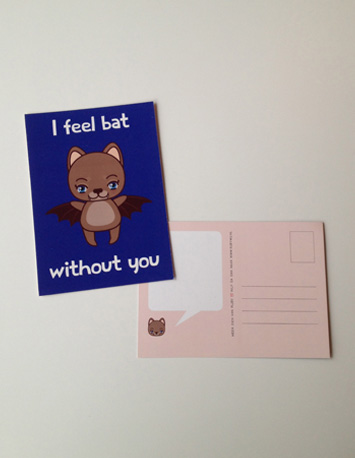 blauwe wenskaart met illustratie van een vleermuis met de tekst i feel bad without you