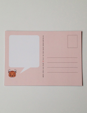 achterkant paarse wenskaart met illustratie van een hert met de tekst my deer i think i love you