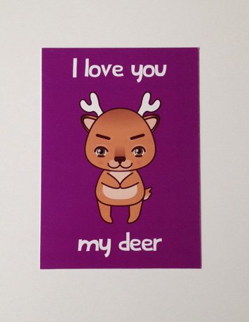 voorkant paarse wenskaart met illustratie van een hert met de tekst my deer i think i love you