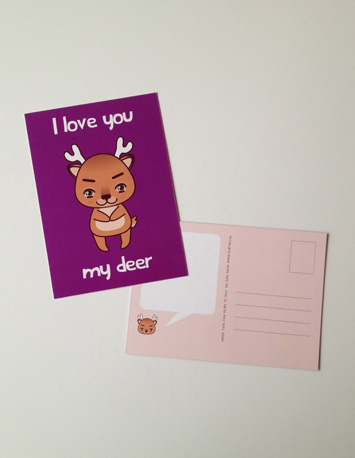 paarse wenskaart met illustratie van een hert met de tekst my deer i think i love you