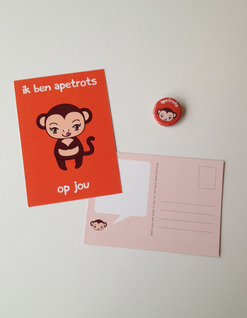 oranje wenskaart met illustratie van een aap met de tekst ik ben apetrots op jou