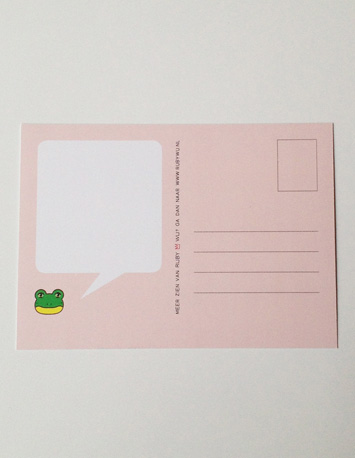 achterkant blauwe wenskaart met illustratie van een kikker met de tekst jij bent een coole kikker