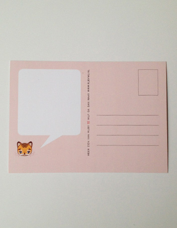 achterkant blauwe wenskaart met illustratie van een tijger met de tekst well hello there tiger