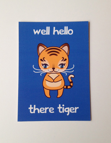 voorkant blauwe wenskaart met illustratie van een tijger met de tekst well hello there tiger