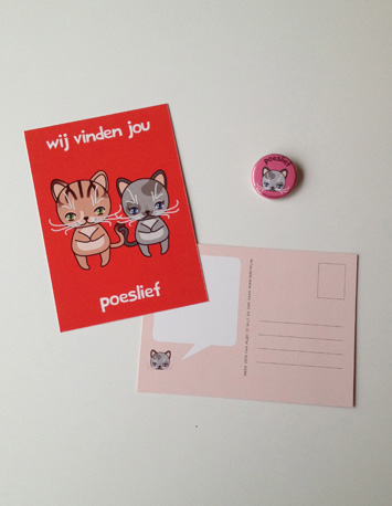 rode wenskaart met twee poesjes en de tekst wij vinden jou poeslief